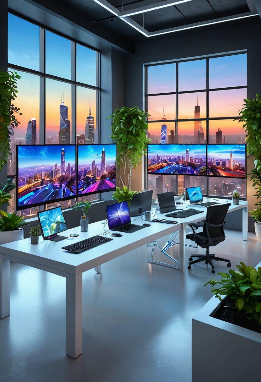 A futuristic workspace featuring diverse individuals collaborating over digital devices, with virtual networks visually connecting them. Include elements like holographic displays, a city skyline through large windows, and plants for a touch of nature. The atmosphere should convey innovation and productivity with bright, vibrant colors symbolizing optimism. super-realistic. vibrant colors. 3D.