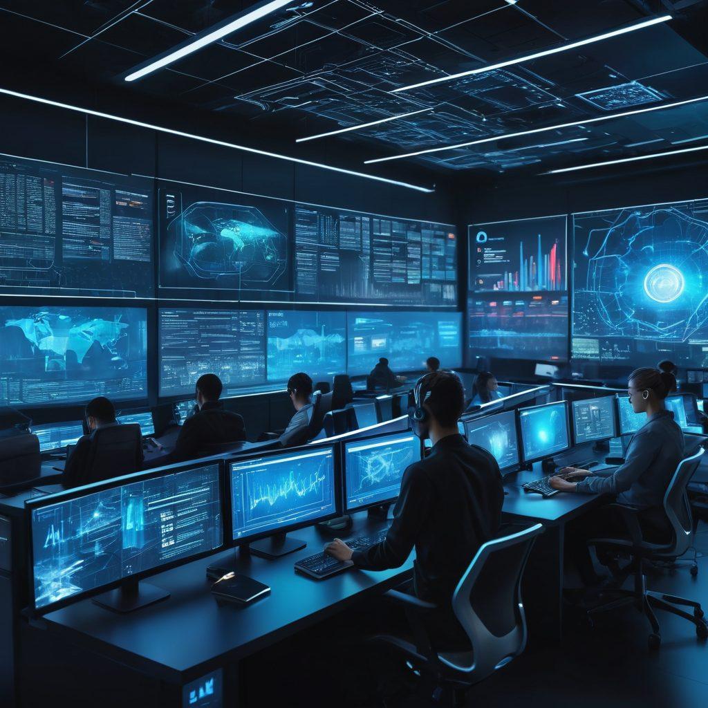 A futuristic telecommunications control room filled with glowing screens displaying data flows and cybersecurity analytics. In the foreground, a diverse team of professionals collaboratively working on a holographic interface that visualizes secure network connections. Elements representing data encryption and protection surround them, like digital shields and locks. The background features city skyline silhouettes with digital signals radiating outward, conveying a sense of connectivity and security. cyberpunk. vibrant colors. super-realistic.